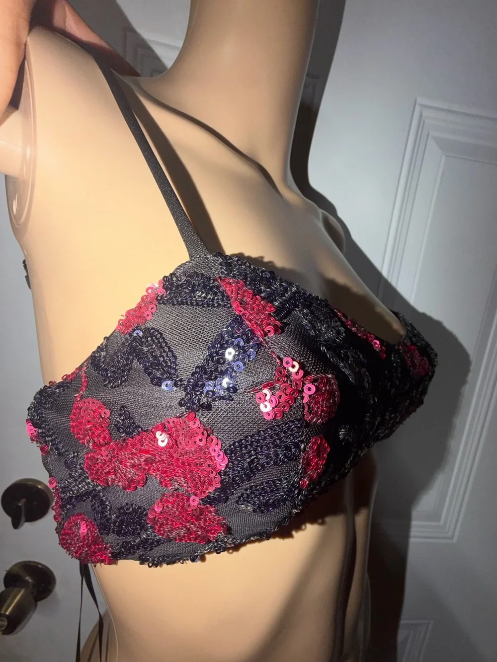 Hello Molly Black Mesh Sequin Bra with Hot Pink & Navy Accents